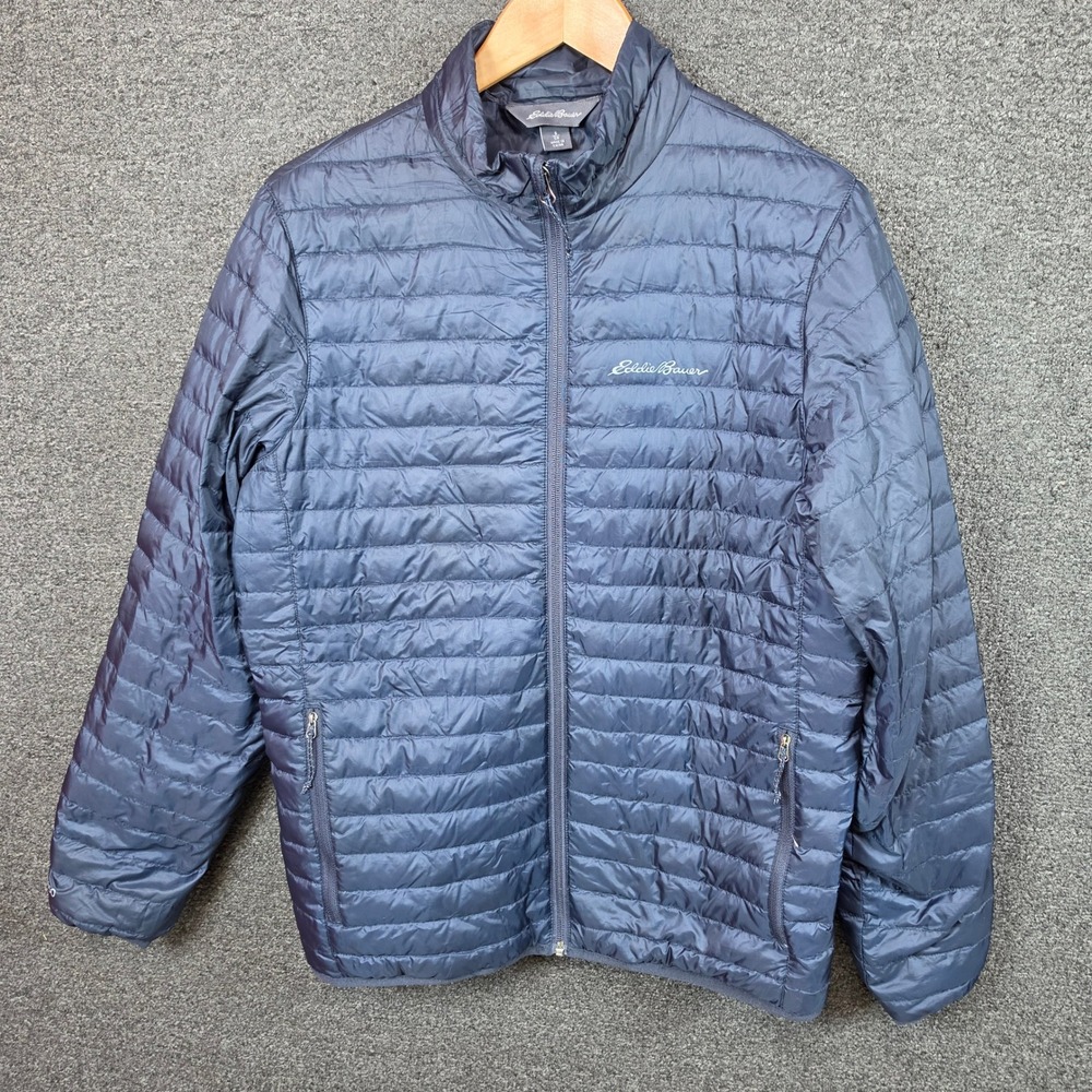 Eddie Bauer Puffer Jacket Navy Blue Mens Small EB650 Down Quilted Full Zip Hike